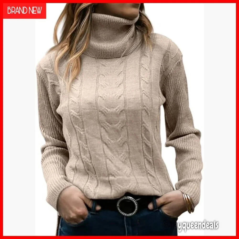 Turtleneck Cable Knit Sweater Long Sleeve Pullover Soft Stretchy Slim Fit